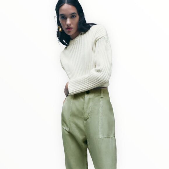 ZARA | Sea Green | LINEN BLEND TURNED UP CUFF PANTS - Picture 7 of 11